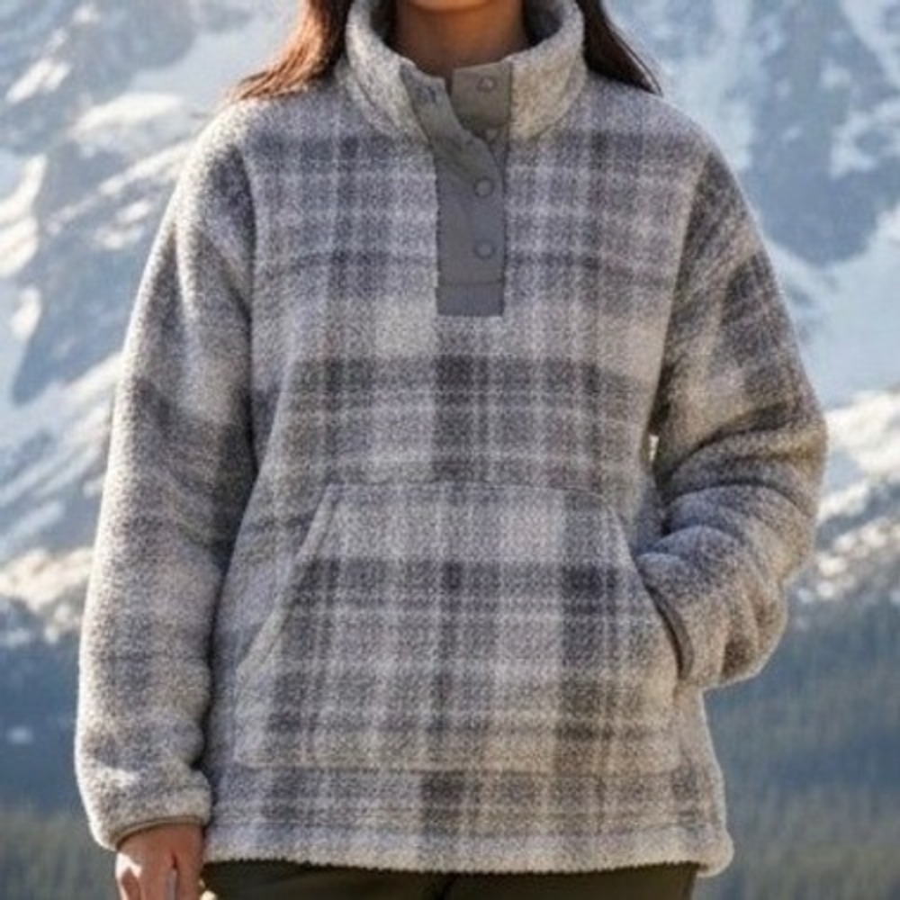 Eddie Bauer Plaid Pullover Sweater Women's XL‎ Snap Neck Pockets Sherpa Winter
